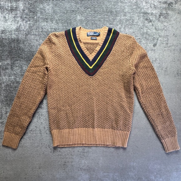Polo Ralph Lauren Other - Polo Ralph Lauren Sweater Mens Medium Brown Herringbone Wool Cashmere V-Neck